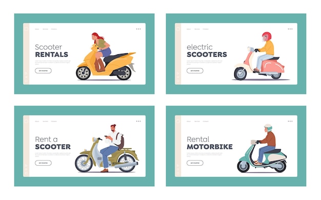 Vector scooter rentals landing page template set motorcyclist riders in helmets driving motor bikes bikers riding motorcycles