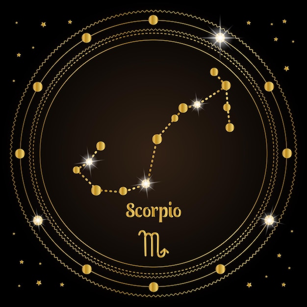 Scorpio, constellation of the zodiac sign in the cosmic magic circle. Golden design on a dark