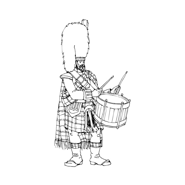 A Scottish drummer in a bearskin hat. Festive military band. In black ink.