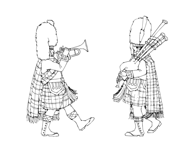 A Scottish piper and trumpeter in bear hats. Festive military band. In black ink.