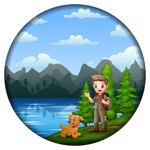 Scout boy and a dog in nature in a round frame