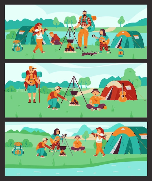 Scout camping banners set with children at campfire flat vector illustration