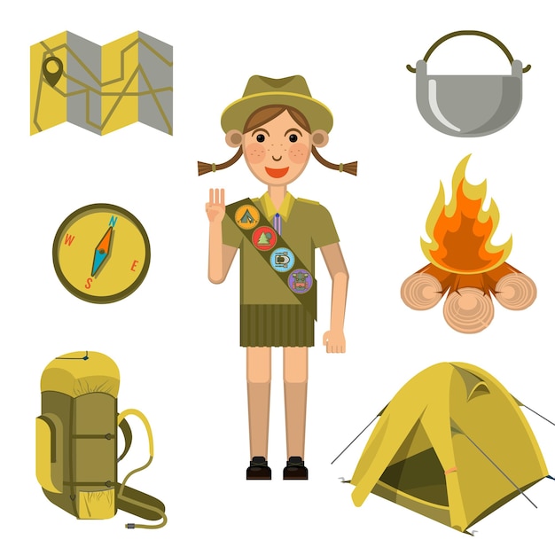 Scout girl in uniform showing honor hand sign and necessary equipment collection around. Child summer rest outdoors vector illustration