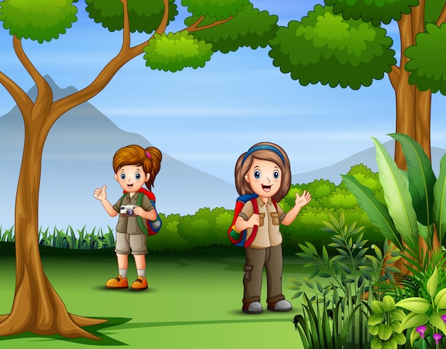 The scout girls are explore the forest