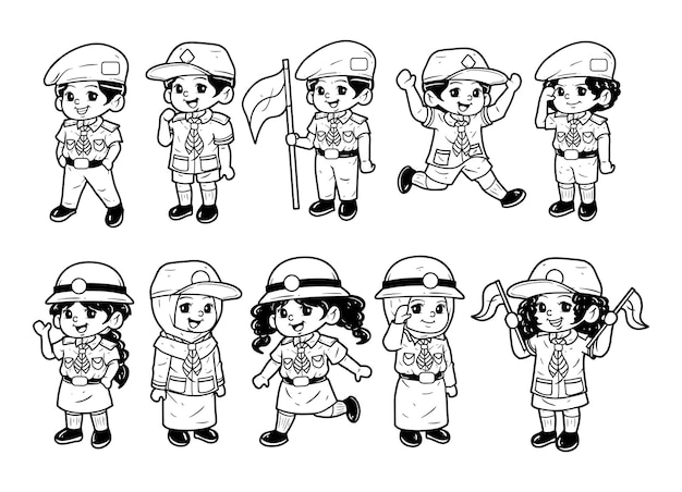 Scout kids character element vector outline sketch illustration set