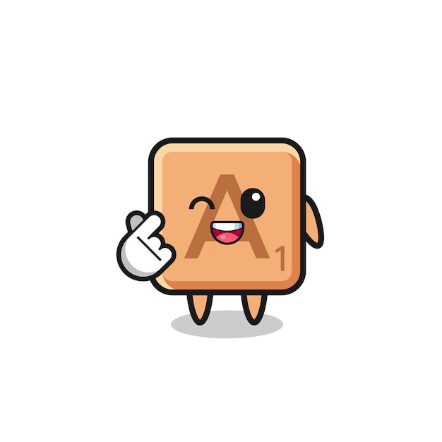 Scrabble character doing Korean finger heart