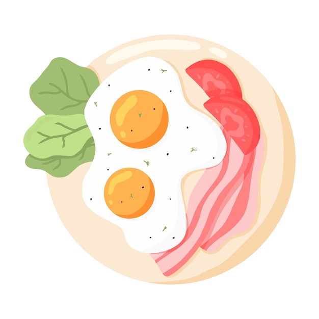 Scrambled Eggs on a plate Fried Eggs with vegetables and Bacon Vector illustration in cartoon style English delicious Breakfast Omelet with tomato and bacon