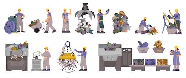 Scrap metal flat set with isolated images of machinery workers and iron waste items being pressed vector illustration