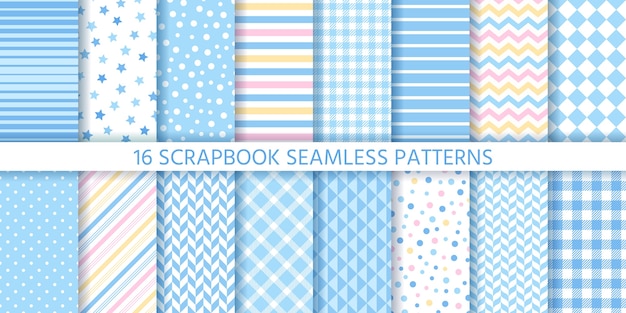 Scrapbook seamless pattern. Baby boy backgrounds. Vector. Set textures. Blue retro prints.