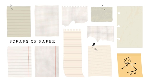 Scraps of paper collection Stationery decorated pieces of old Checkered and lined paper Weekly daily planners note paper sticker templates Vector illustration Isolated elements