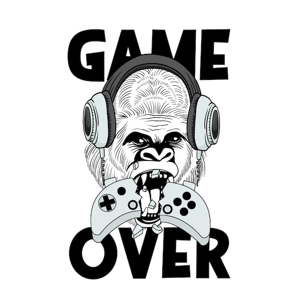 Screaming Gorilla in headphones Gorilla game over Humor card tshirt composition hand drawn style print Vector illustration