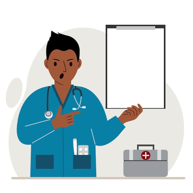 Screaming man doctor holding a file with blank paper for text. Vector flat illustration