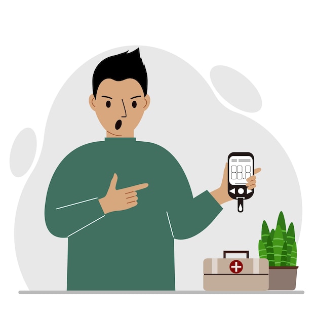 Screaming man holds a glucometer in his hand The concept of blood sugar control diabetic Vector flat illustration