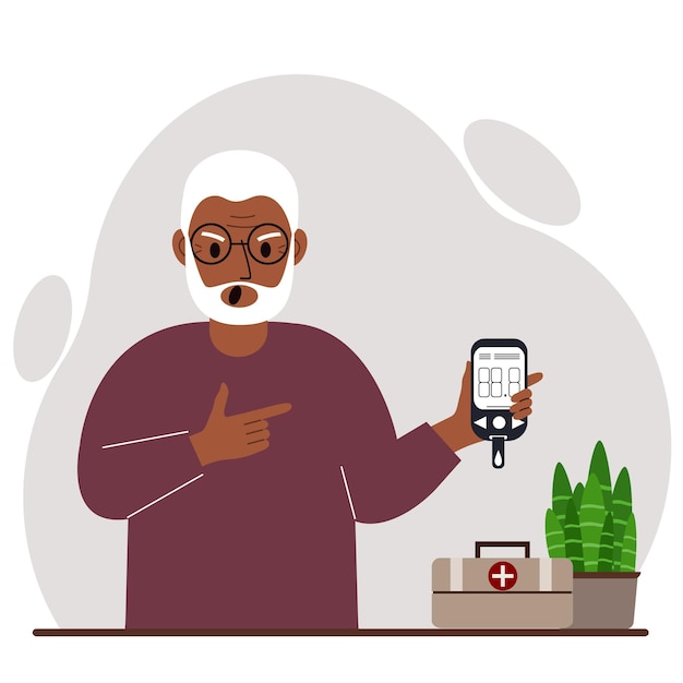 Screaming old man holds a glucometer in his hand The concept of blood sugar control diabetic