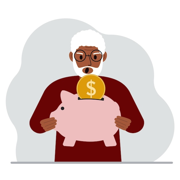 Screaming old man holds a piggy bank a coin falls into the piggy bank The concept of saving finance savings investing finances