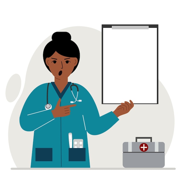 Screaming woman doctor holding a file with blank paper for text. Vector flat illustration