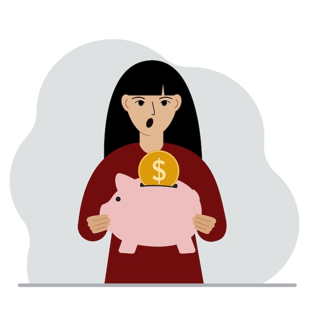 Screaming woman holds a piggy bank a coin falls into the piggy bank The concept of saving finance savings investing finances Vector flat illustration