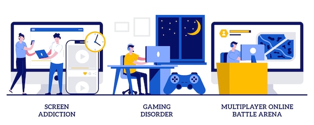 Screen addiction, gaming disorder, multiplayer online battle arena concept with tiny people. Digital overload vector illustration set. Mental health, gaming platform, real-time strategy metaphor.