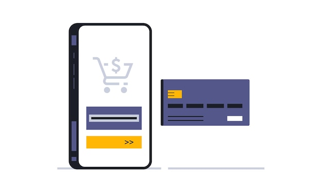 Screen of the payment menu for purchases through the mobile application Bank card pin code secure payment phone app money pay dollar cart trolley Vector illustration