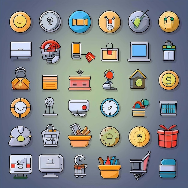 Vector a screen with a variety of icons including a clock a box and a box of things