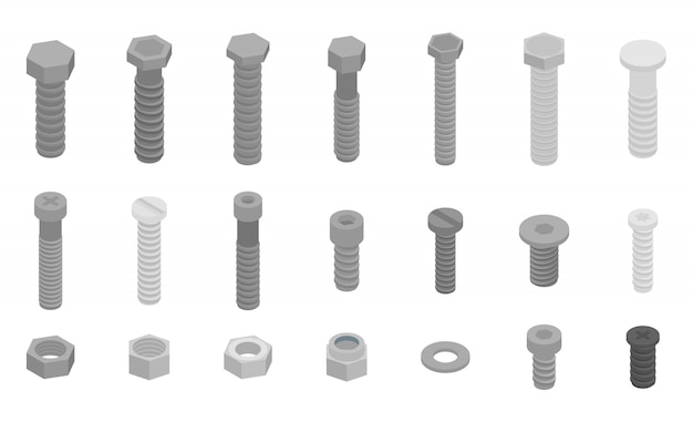 Screw-bolt icons set, isometric style