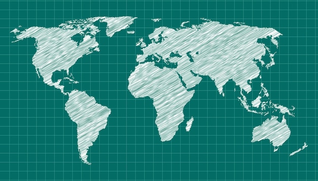 Vector scribbled world map on green background