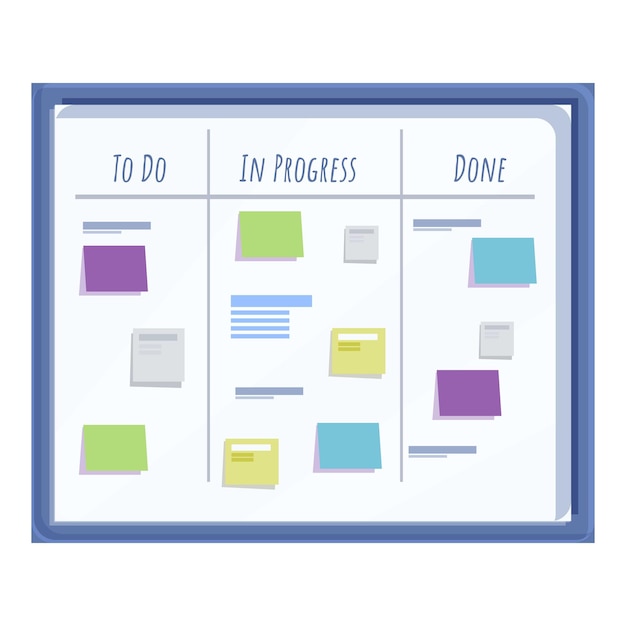 Vector scrum board showing work in progress with sticky notes