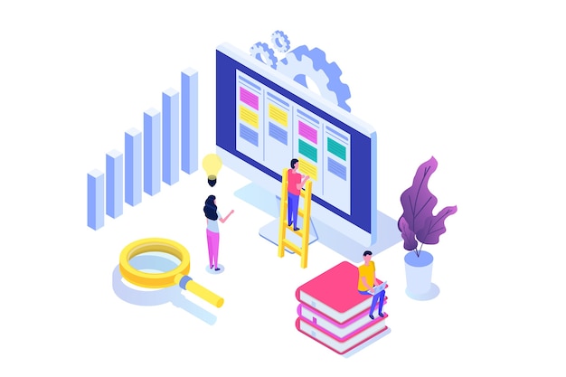 Scrum or canban task board isometric concept. Notes for agile software development. Vector illustration.