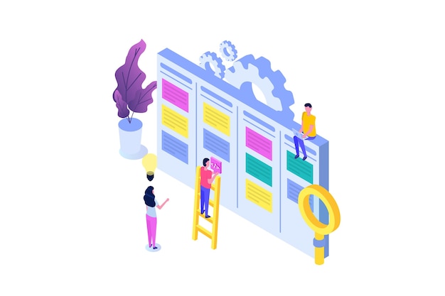 Scrum or canban task board isometric concept. Notes for agile software development. 