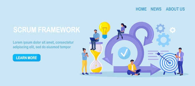 Scrum Framework concept. Scrum process diagram as agile software development scheme. Team discussing tasks at Kanban board and working on laptop. Business meeting. Project management work cycle