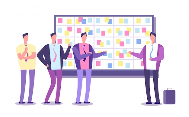 Vector scrum planning board. employees planning work at taskboard. business process leaning and meeting