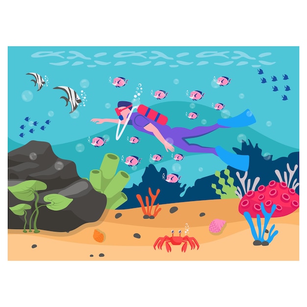 Scuba Diver under sea concept, exploring the sea life vector icon design, wildlife seabed scenery