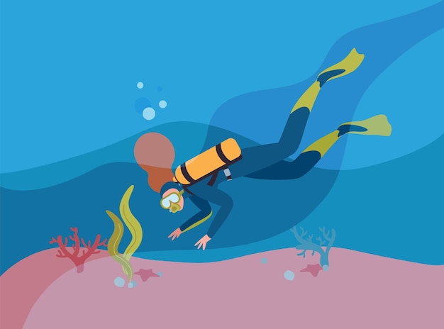 Scuba diver in wetsuit with oxygen cylinder flat vector illustration. Woman snorkeling underwater cartoon character. Person exploring ocean depths. Extreme tourism. Active lifestyle.