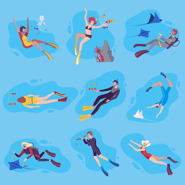 Scuba divers swimming under the water with sea creatures set people exploring underwater marine life