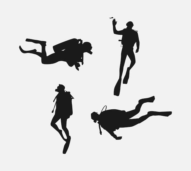 Scuba diving set silhouettes Scuba diver underwater sport Isolated on white background Vector