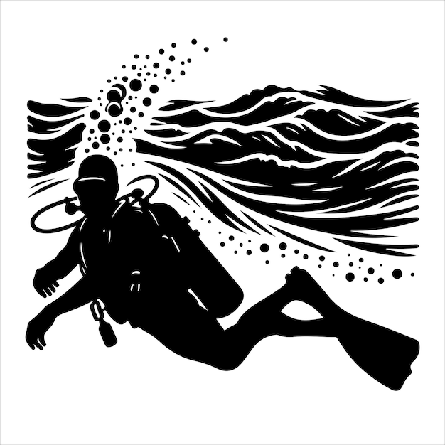 Scuba diving silhouette vector illustration on white background