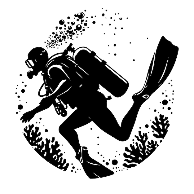 Scuba diving silhouette vector illustration on white background