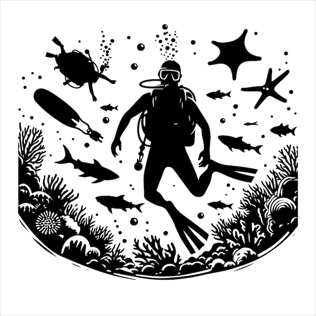 Scuba diving silhouette vector illustration on white background