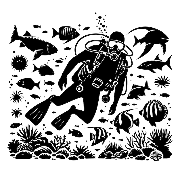 Scuba diving silhouette vector illustration on white background