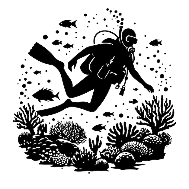 Scuba diving silhouette vector illustration on white background