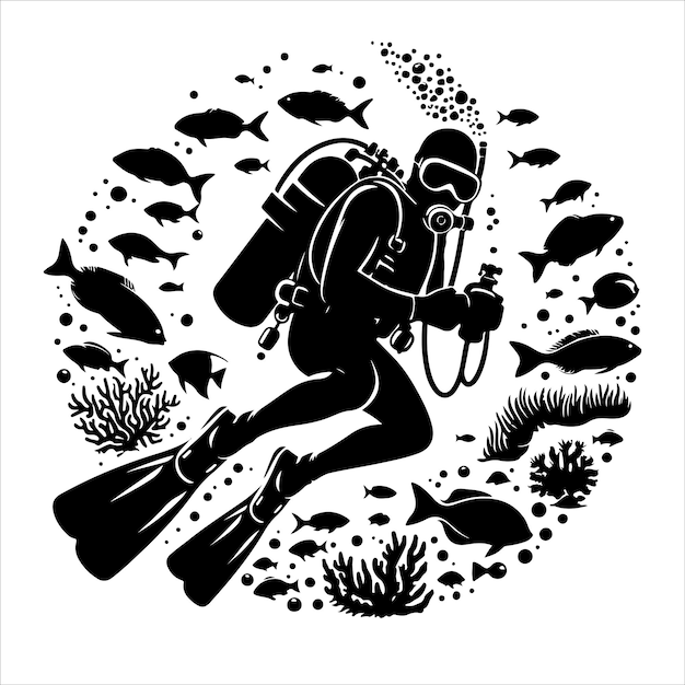 Scuba diving silhouette vector illustration on white background