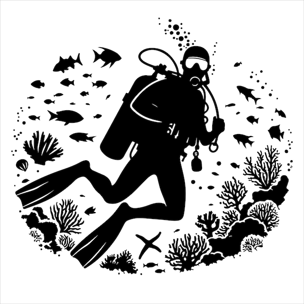 Scuba diving silhouette vector illustration on white background