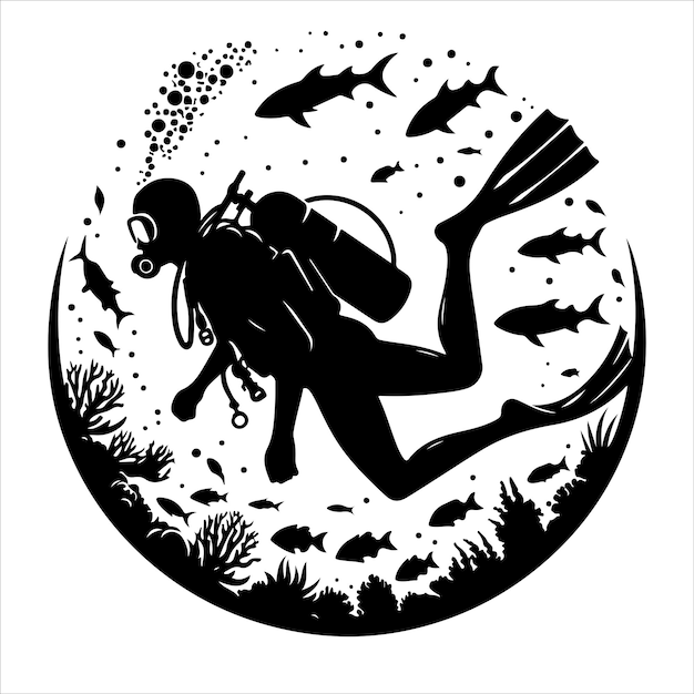 Scuba diving silhouette vector illustration on white background