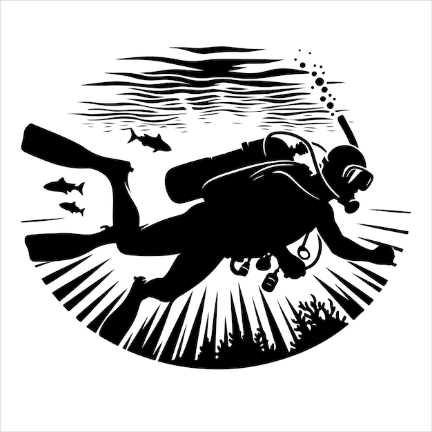 Scuba diving silhouette vector illustration on white background