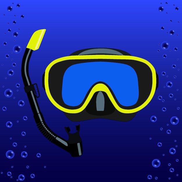 Scuba mask and snorkel against a background of blue water with bubbles vector illustration