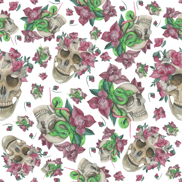 Sculls seamless pattern Watercolor print on dark background Hand painted