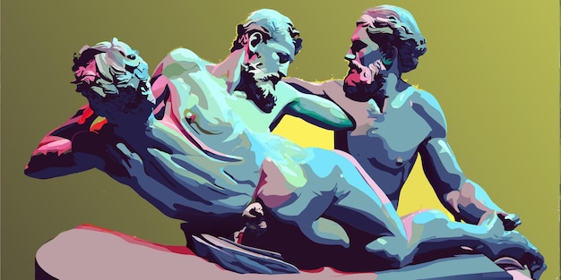 Vector sculpture in early xxth century cubist style about two bearded male lovers embracing and kissing