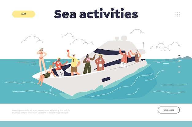 Sea activities concept of landing page with young people resting on yacht enjoy yacht cruise