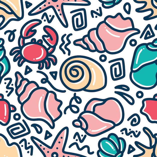 Sea animal hand drawn doodle set with icons and design elements