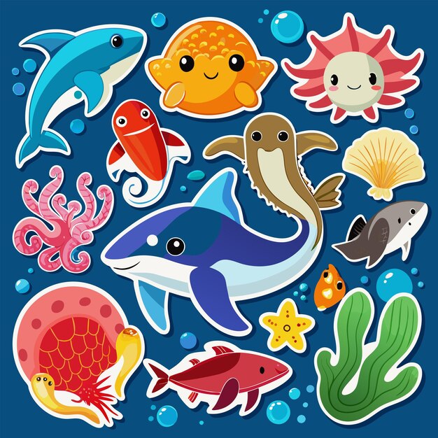 Vector sea animal sticker pack